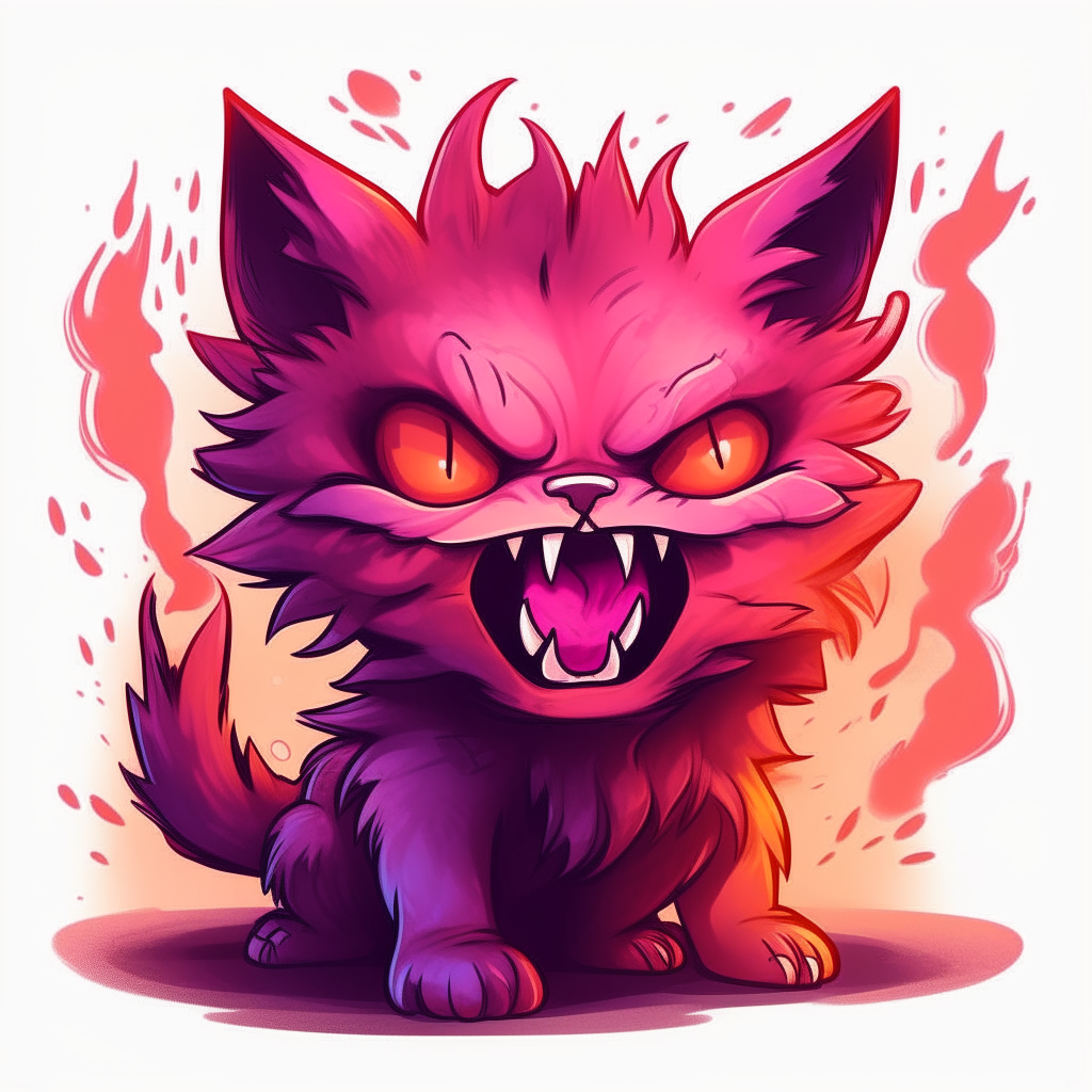 an extremely angry cartoon kitten with pink and purple fur, baring extra sharp teeth and claws, with its eyes glowing a fiery red and smoke billowing from its ears