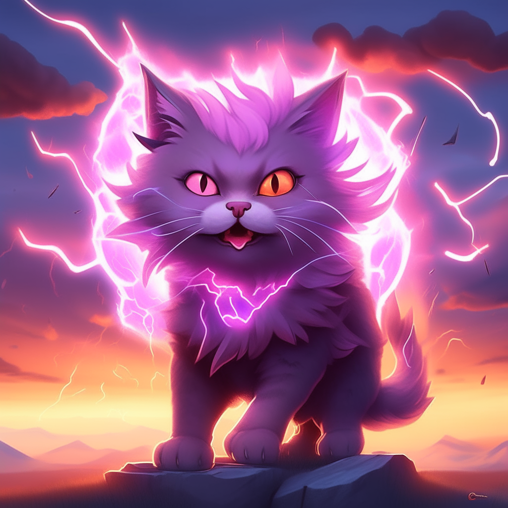 a giant cartoon kitten with pink and purple fur glowing with fire, lightning crashing all around as the skies darken
