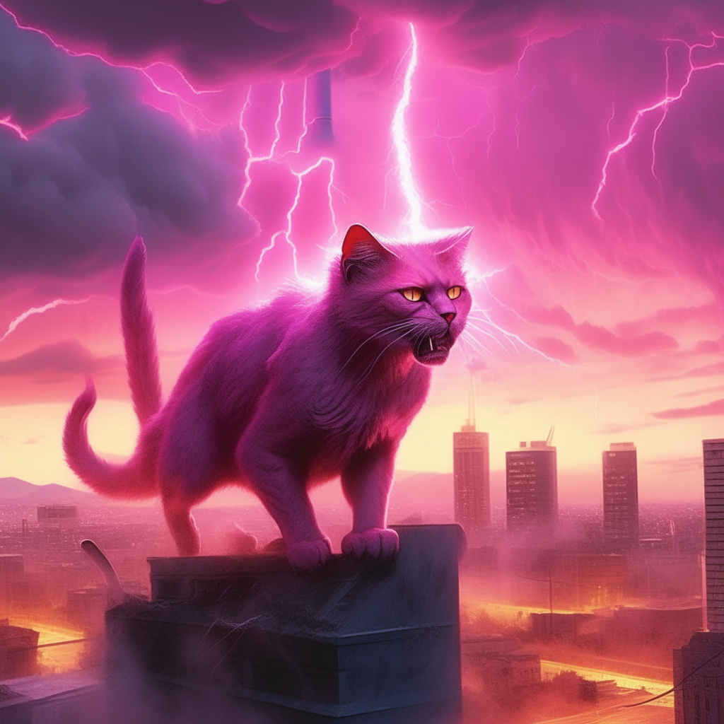 The giant kitten towers over a city, its fiery pink and purple fur glowing as lightning crashes and it roars, ready to unleash its fury
