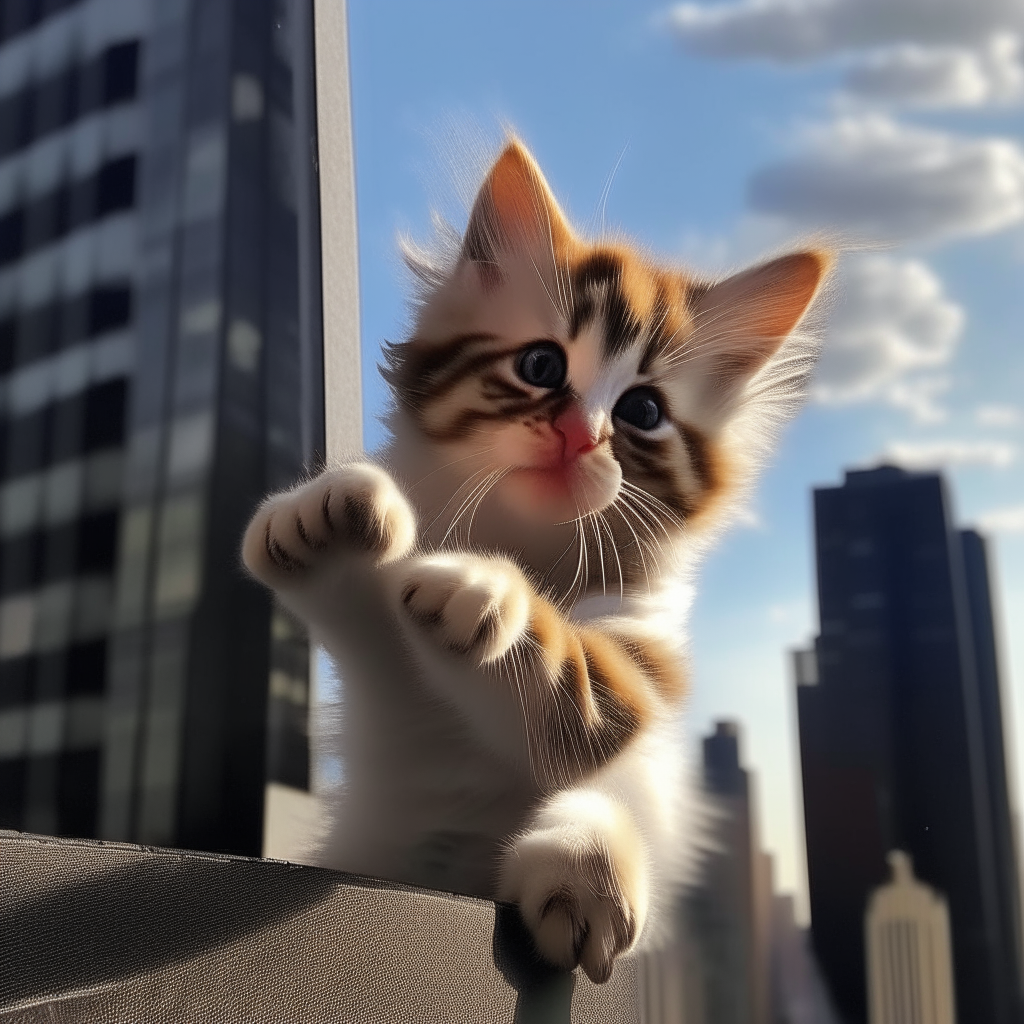 With a swipe of its massive paw, the kitten knocks over skyscrapers like toys, its eyes glowing with unquenchable rage