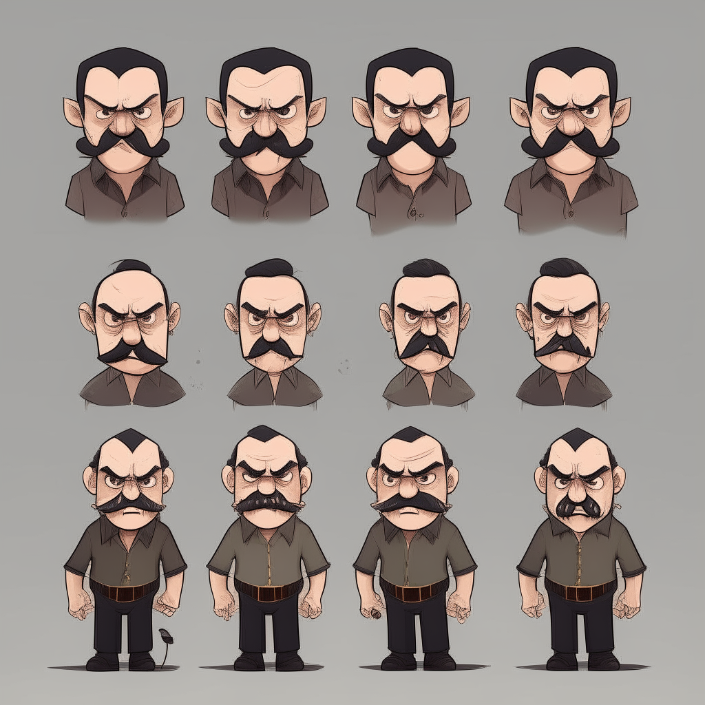 Old guy with angry face and mustache and Half bald black hair. Point and click adventure game character model sheet turnaround, front view
