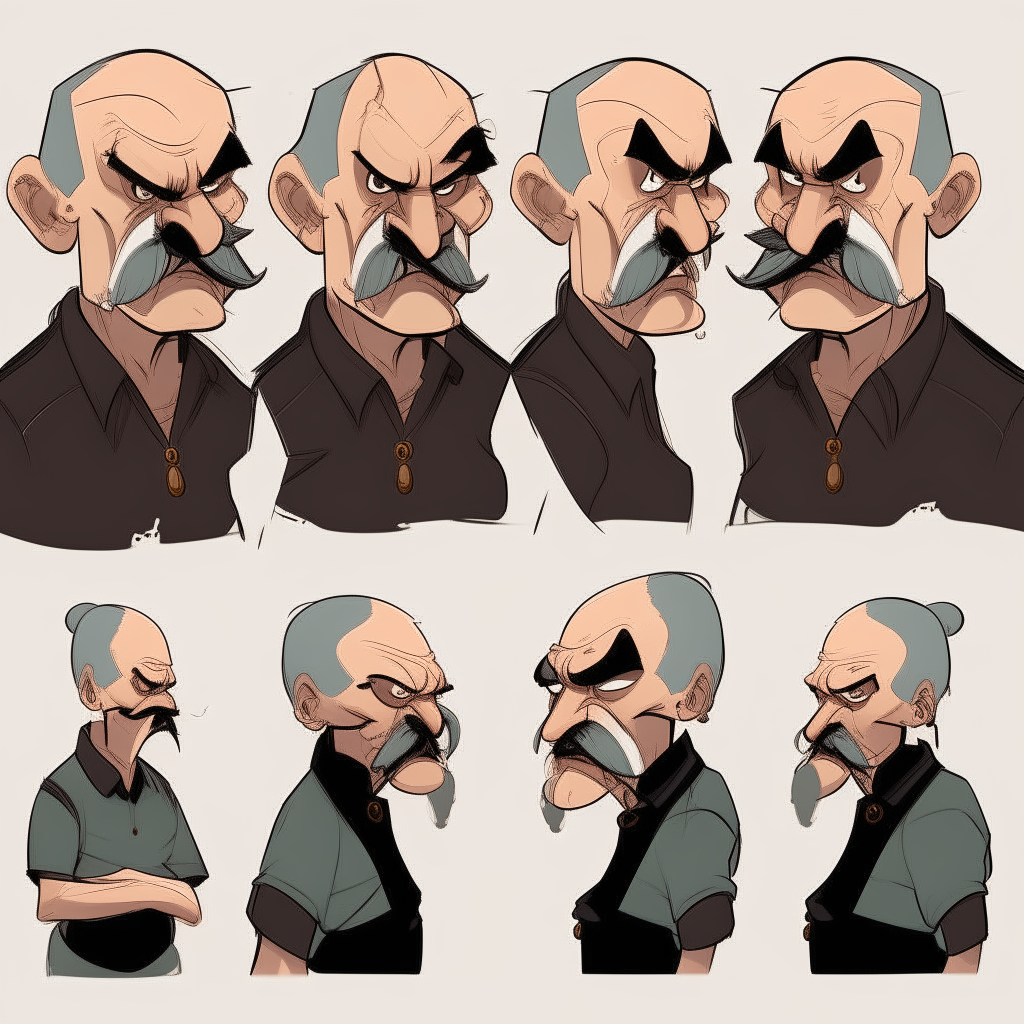 Old guy with angry face and mustache and Half bald black hair. Point and click adventure game character model sheet turnaround, side view