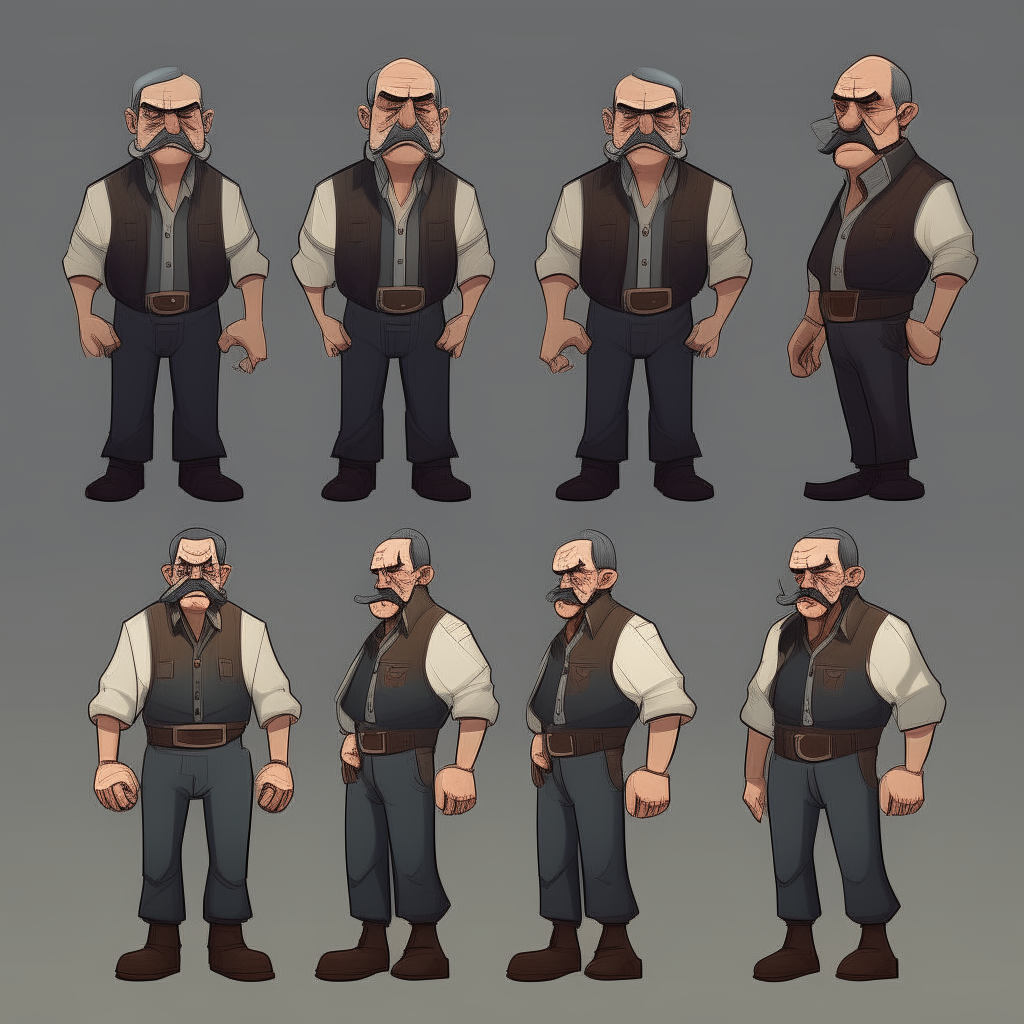Full body turnaround of an old man with an angry face, mustache, and half bald black hair for a point-and-click adventure game
