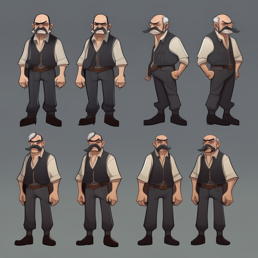 Full body turnaround of an old man with an angry face, mustache, and half bald black hair for a point-and-click adventure game