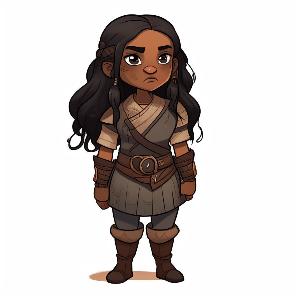 Dwarf girl with brown skin and long straight black hair, front view for a point-and-click adventure game character sheet
