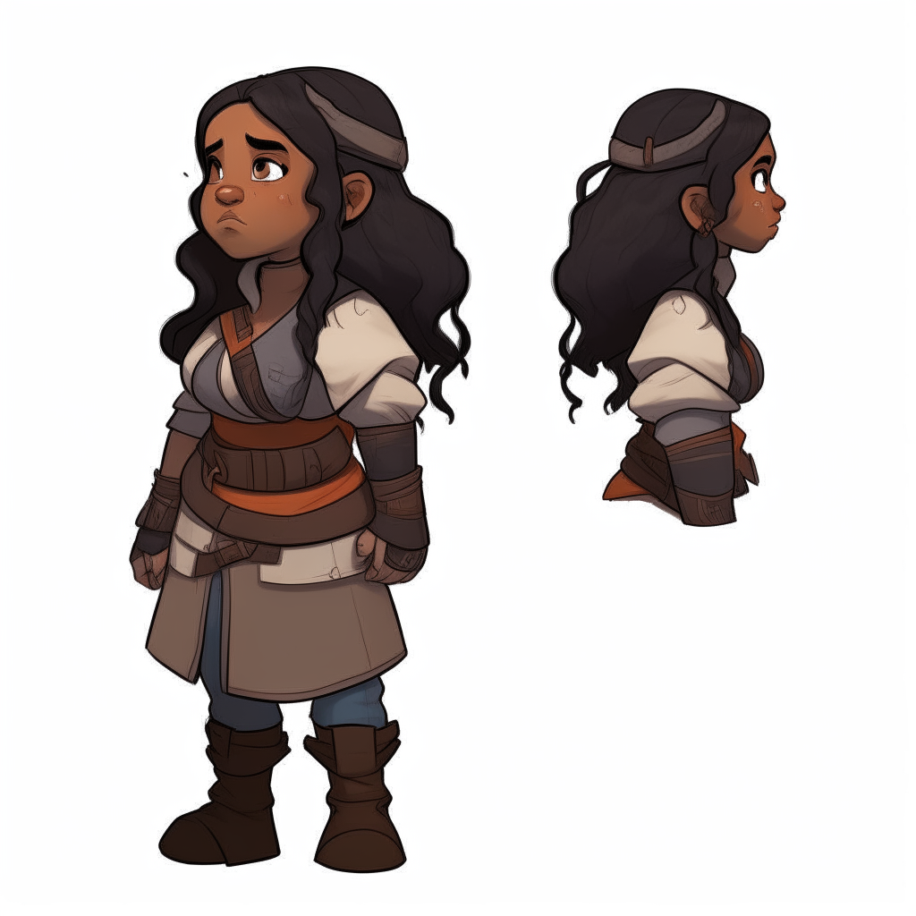 Dwarf girl with brown skin and long straight black hair, side view for a point-and-click adventure game character sheet