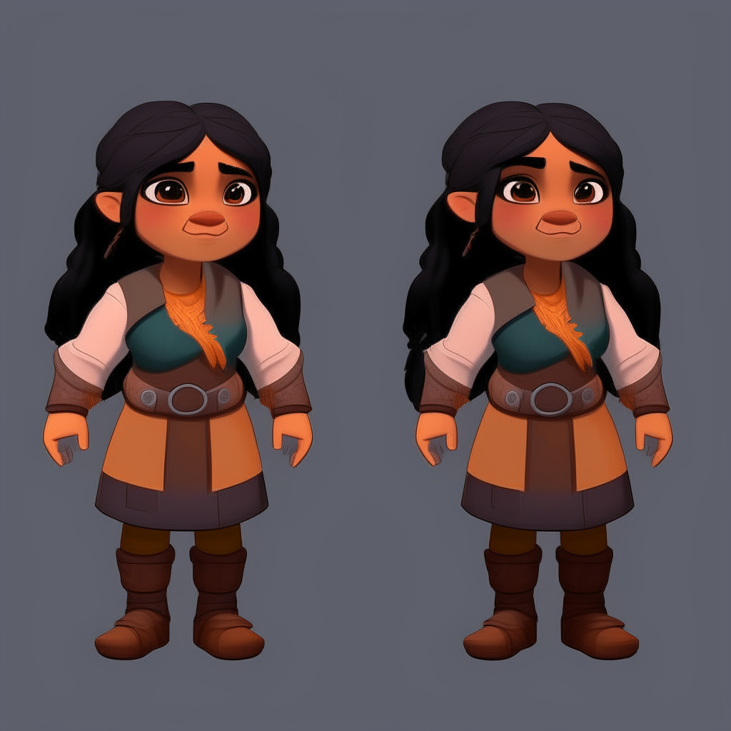 Dwarf girl happy with brown skin, long straight black hair, modern outfit. point and click adventure game character model sheet turnaround