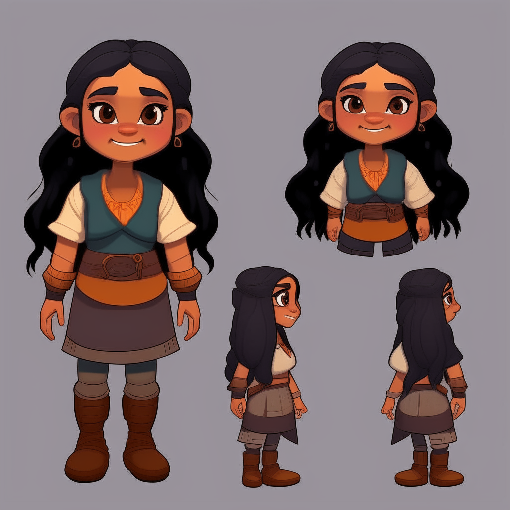 Dwarf girl happy with brown skin, long straight black hair, modern outfit. point and click adventure game character model sheet turnaround
