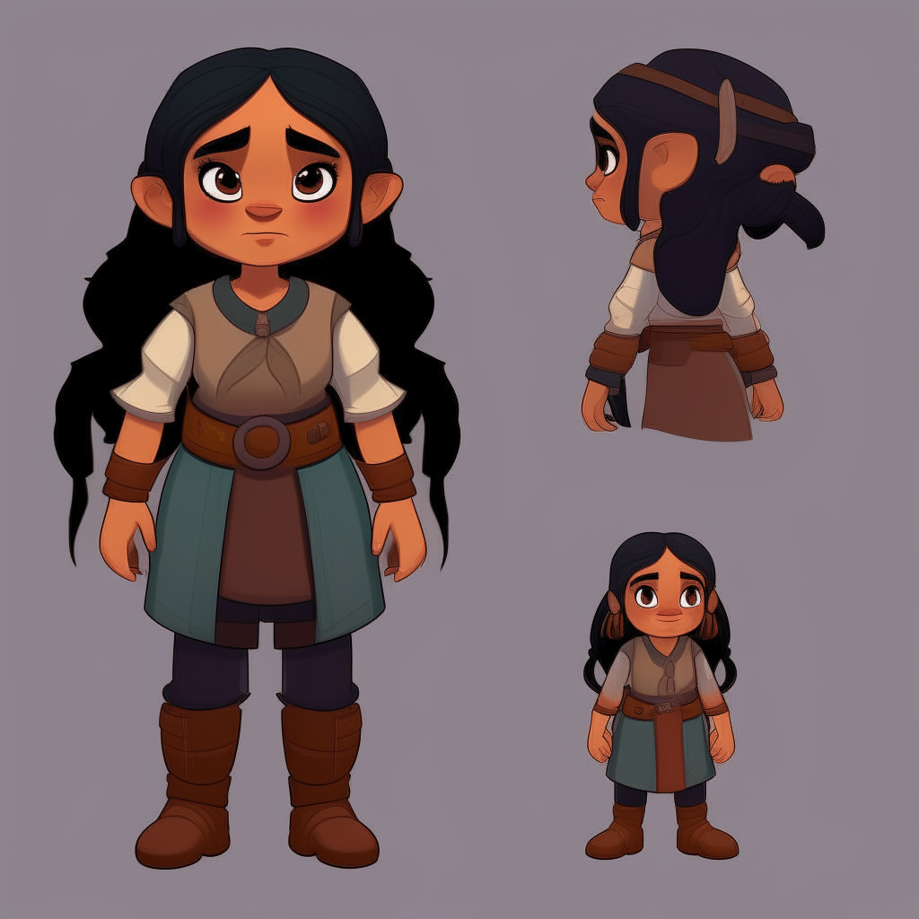 Dwarf girl happy with brown skin, long straight black hair, modern outfit. point and click adventure game character model sheet turnaround