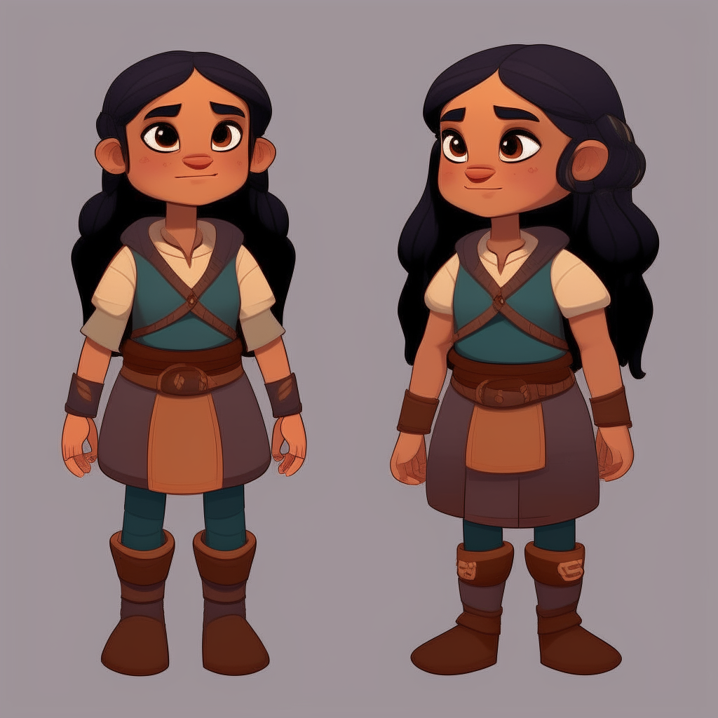 Dwarf girl happy with brown skin, long straight black hair, modern outfit. point and click adventure game character model sheet turnaround