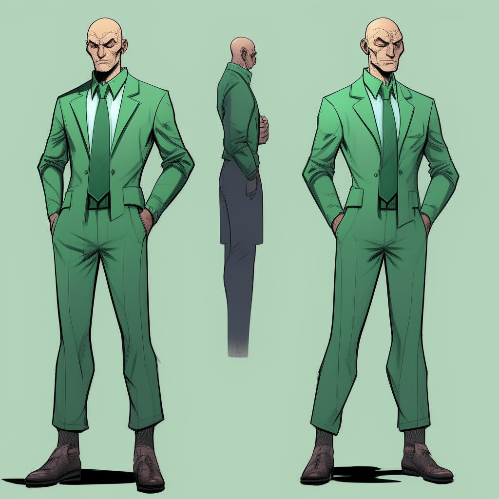 A bald man with a serious expression, wearing a green suit and standing in a dramatic pose. Character reference sheet for a point-and-click adventure game.
