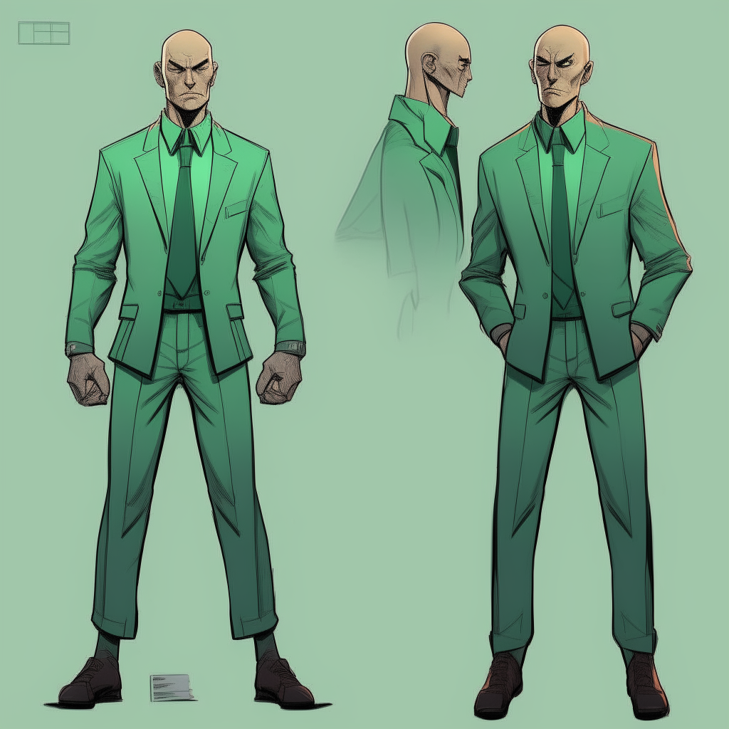 A bald man with a serious expression, wearing a green suit and standing in a dramatic pose. Character reference sheet for a point-and-click adventure game.