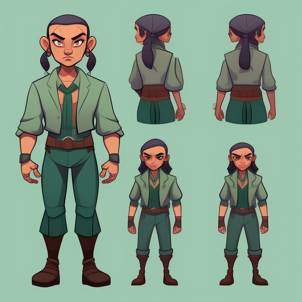 Bald Guy with serious face in a green suit. point and click adventure game character model sheet turnaround
