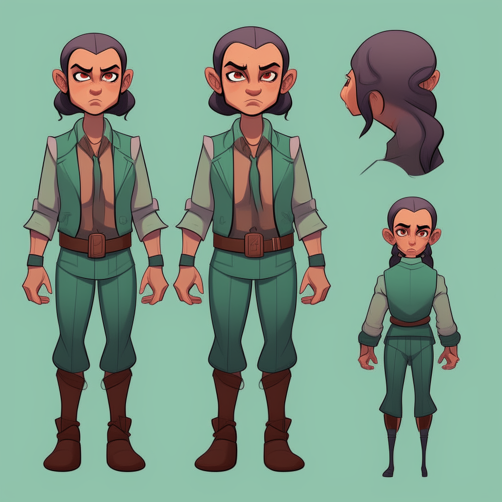 Bald Guy with serious face in a green suit. point and click adventure game character model sheet turnaround