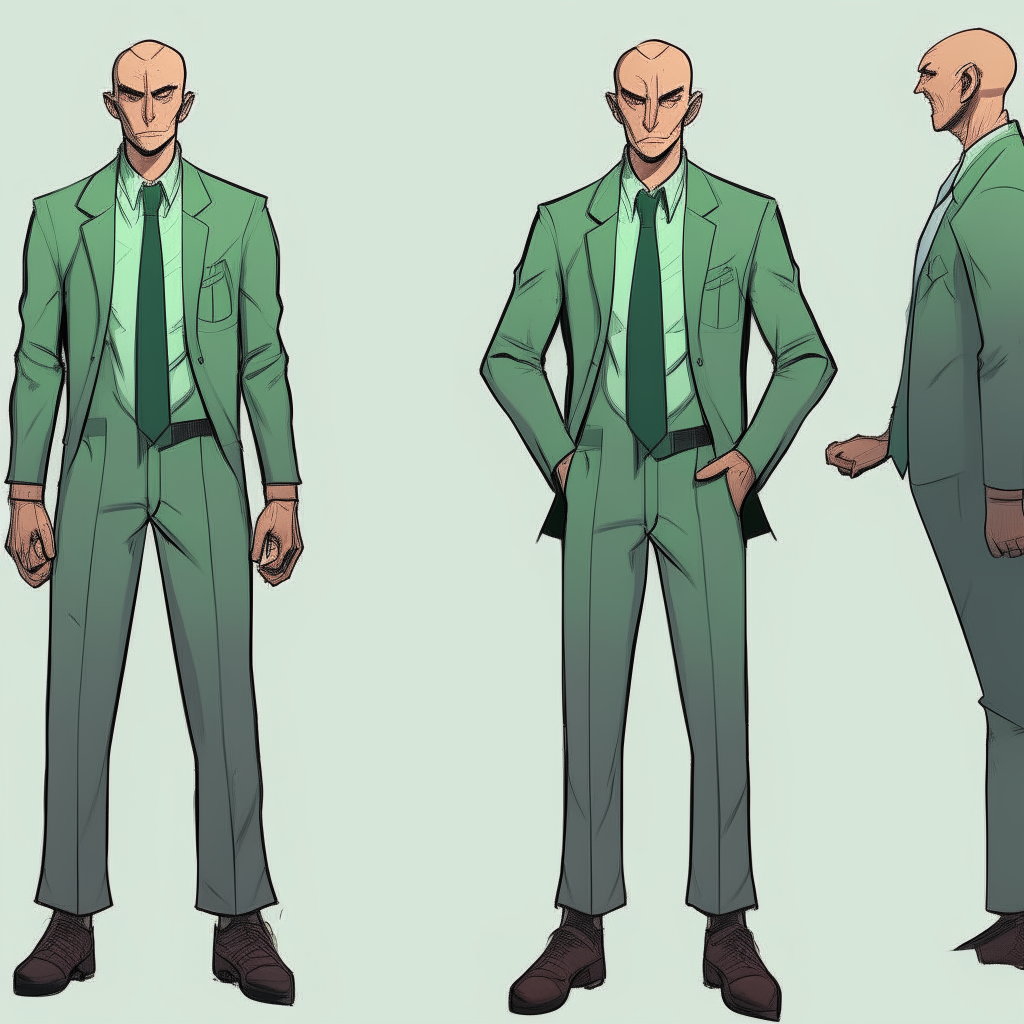 A bald man with a serious expression, wearing a green suit and standing with hands behind his back. Character reference sheet for a point-and-click adventure game.