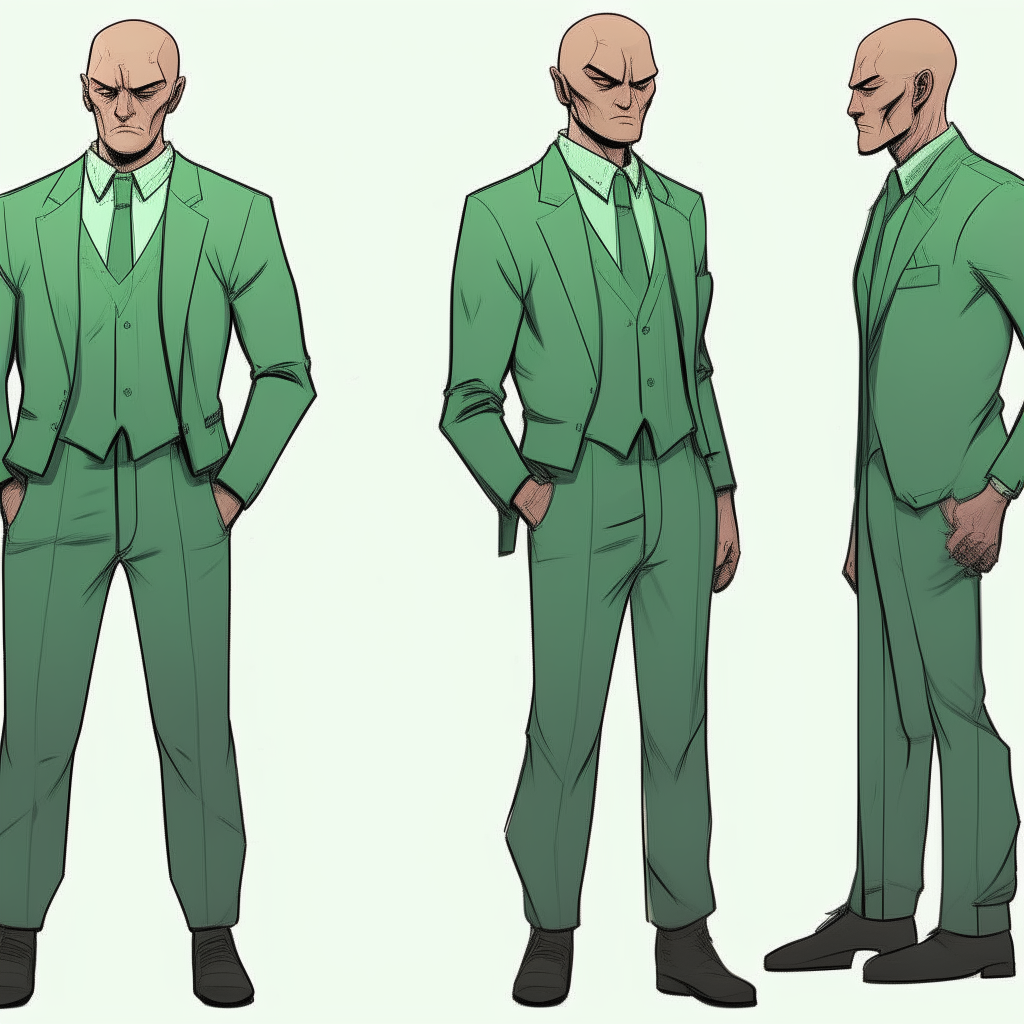 A bald man with a serious expression, wearing a green suit and standing with one hand on his hip. Character reference sheet for a point-and-click adventure game.