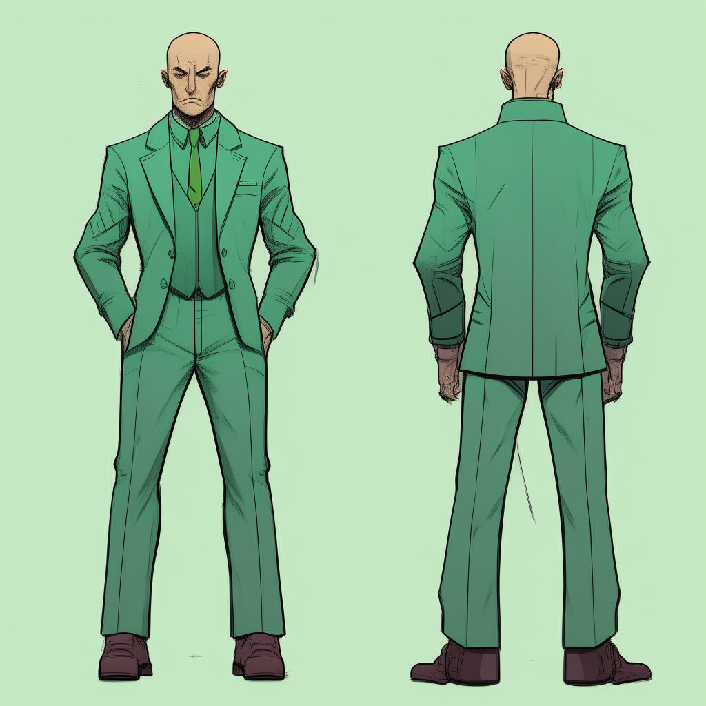 Bald man with a serious expression, wearing a green suit. Character model sheet for a point-and-click adventure game, showing the character from the back and other side