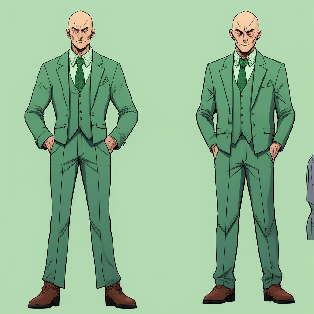 Bald man with a serious expression, wearing a green suit. Character model sheet for a point-and-click adventure game, showing details of the character's outfit