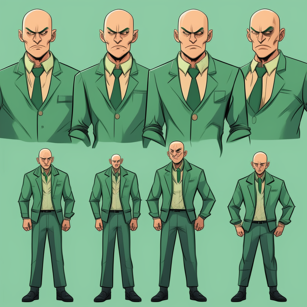 Bald man with a serious expression, wearing a green suit. Character model sheet for a 2D cartoon point-and-click adventure game, showing emotes