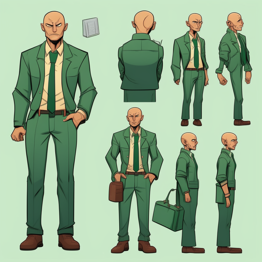 Bald man with a serious expression, wearing a green suit. Character model sheet for a 2D cartoon point-and-click adventure game, showing the character holding items