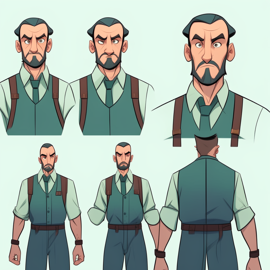 Bald man with a serious expression, wearing a green suit. Character model sheet for a 2D cartoon point-and-click adventure game, showing a close-up of the character's face