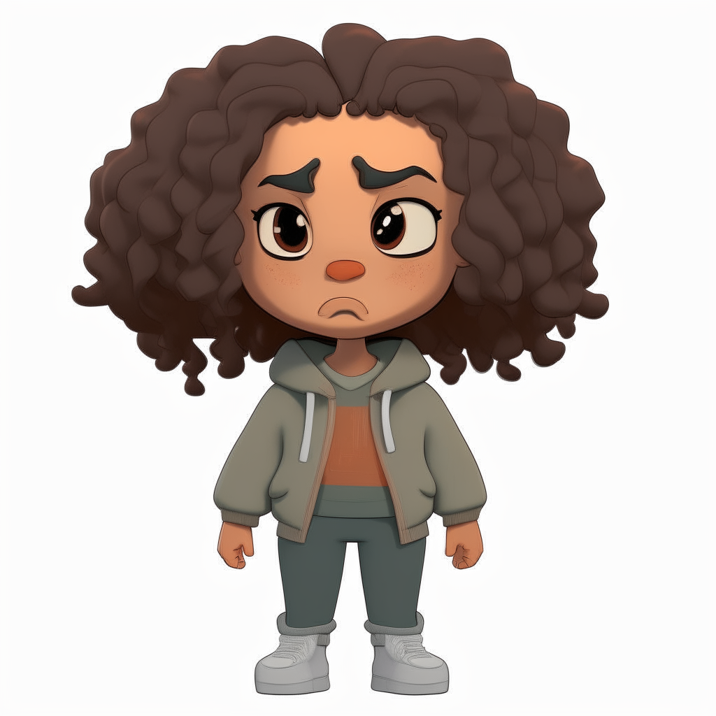 Character model sheet for a 2D cartoon dwarf girl, with curly hair and a sweatshirt, shown from the front