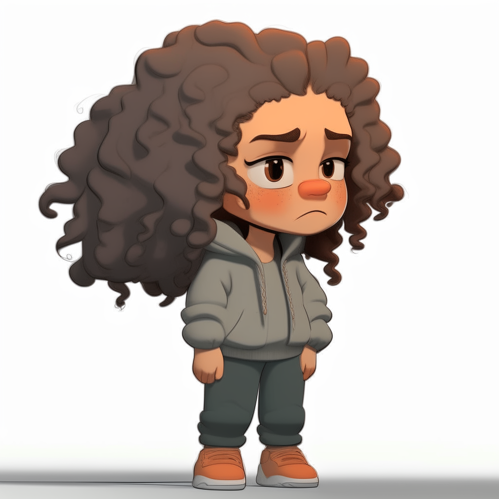 Character model sheet for a 2D cartoon dwarf girl, with curly hair and a sweatshirt, shown from the side