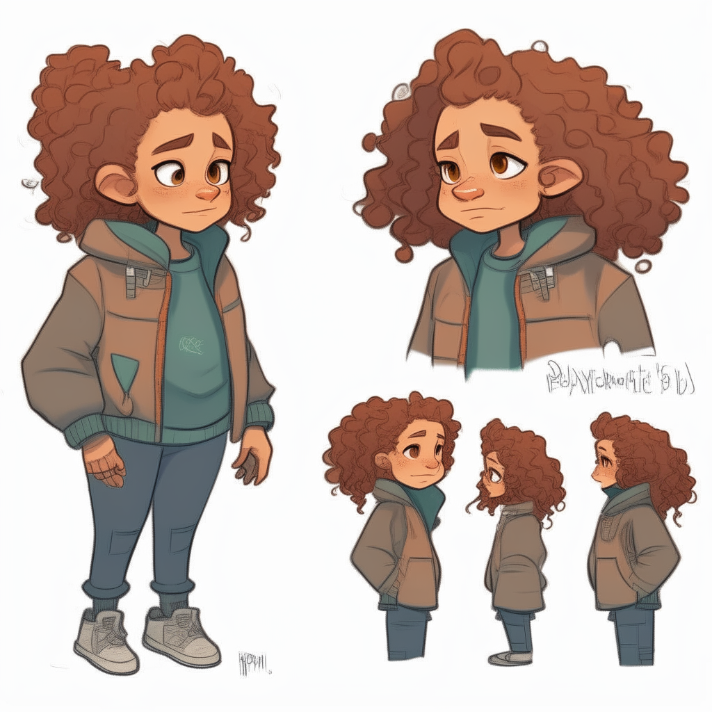 Character model sheet for a 2D cartoon dwarf girl, with curly hair and a sweatshirt, shown holding an item