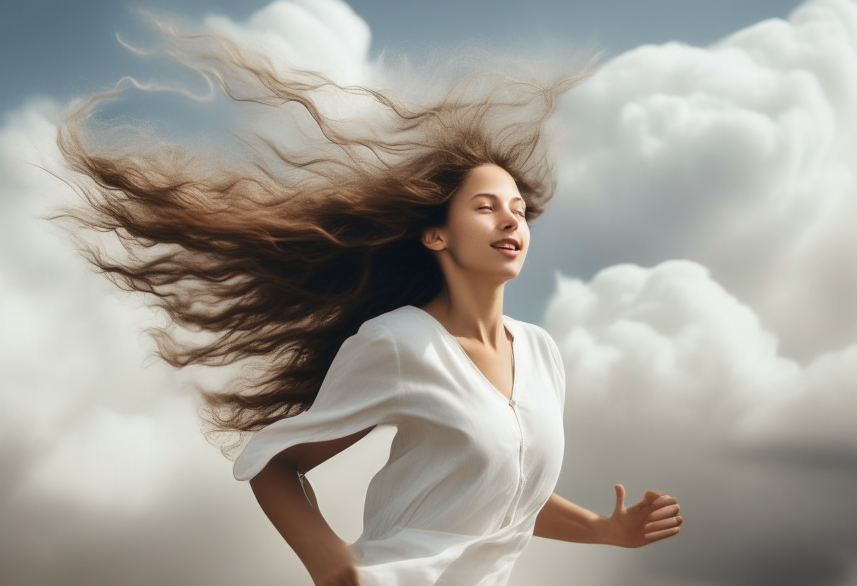 a young woman running joyfully across fluffy white clouds, her long hair flowing behind her in the wind