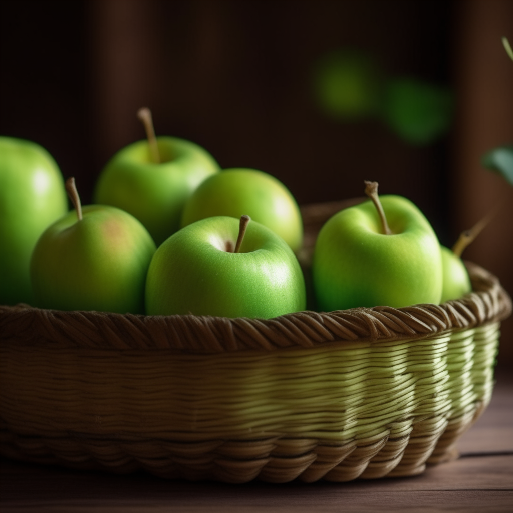A close-up photo of green apples in a wicker basket sitting on a wooden table. The background is blurred to draw attention to the apples.
