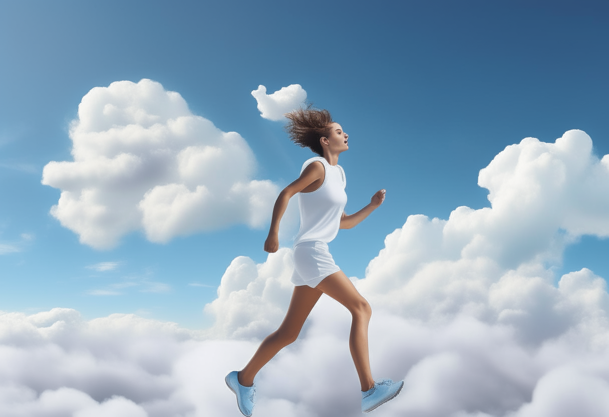 a woman running across fluffy white clouds, photorealistic portrait blue sky backdrop