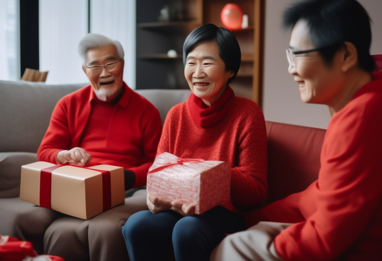 A young Chinese man presents a gift wrapped in red paper to his elderly parents who are seated on a couch in the living room of their modern apartment. The parents smile warmly at their son.
