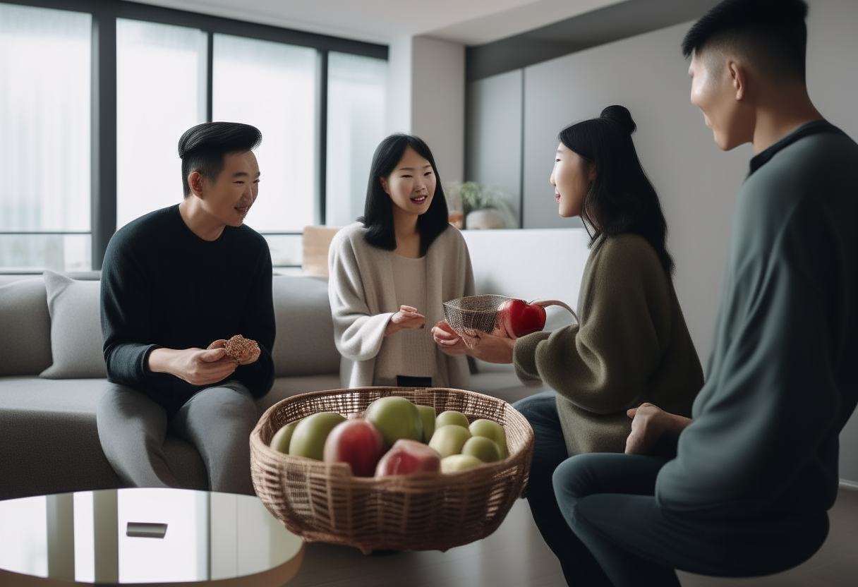 A couple presents a basket of apples to the owners of a modern Chinese apartment as a gift. The basket sits on a glass coffee table in the living room.