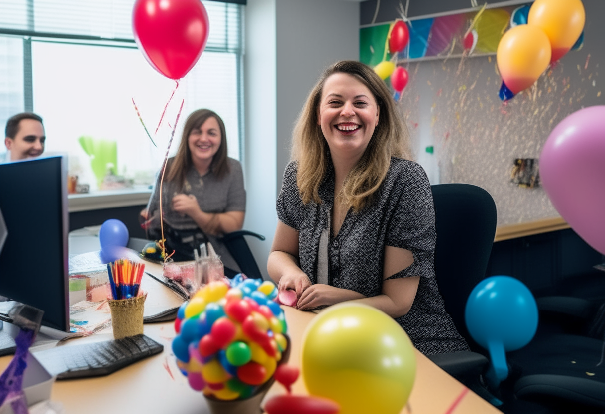 A woman sits at her office desk smiling as two coworkers present her with cans of soda for her birthday. Colorful streamers and balloons decorate the office in celebration.