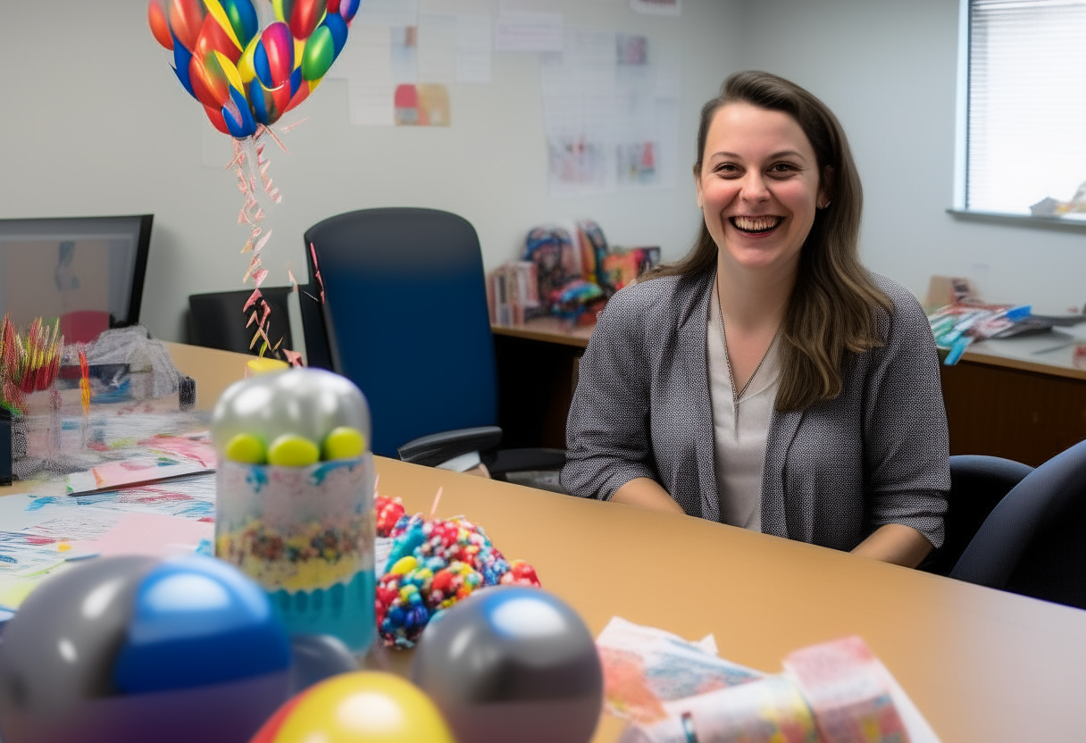 A woman sits at her desk smiling as two coworkers present her with cans of soda for her birthday. Colorful streamers and balloons decorate the office in celebration. A banner reads 'Happy Birthday!'