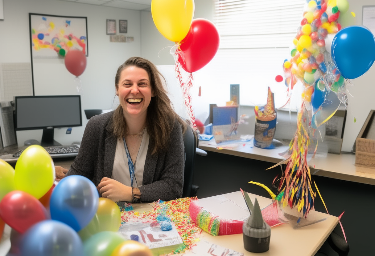 A woman sits at her desk smiling as two colleagues present her with jars of honey for her birthday. Colorful streamers and balloons decorate the office in celebration. A banner reads 'Happy Birthday!'