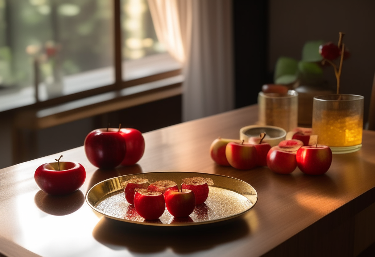 A plate sits on a simple wooden table displaying slices of red apples artfully arranged and glistening with golden honey. The sparse interior of a small Chinese apartment is visible in the background.