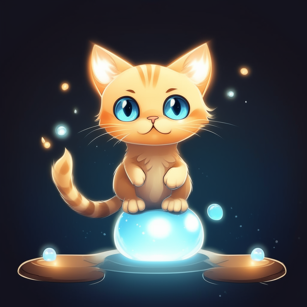 A cartoon kitten levitating balls of light with magic