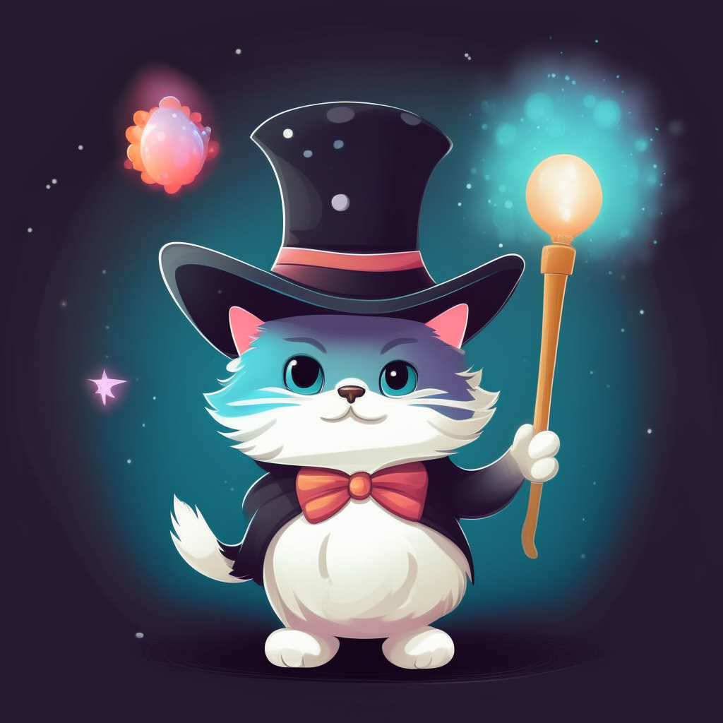 A cartoon kitten in a top hat and cape, levitating balls of light with a magic wand