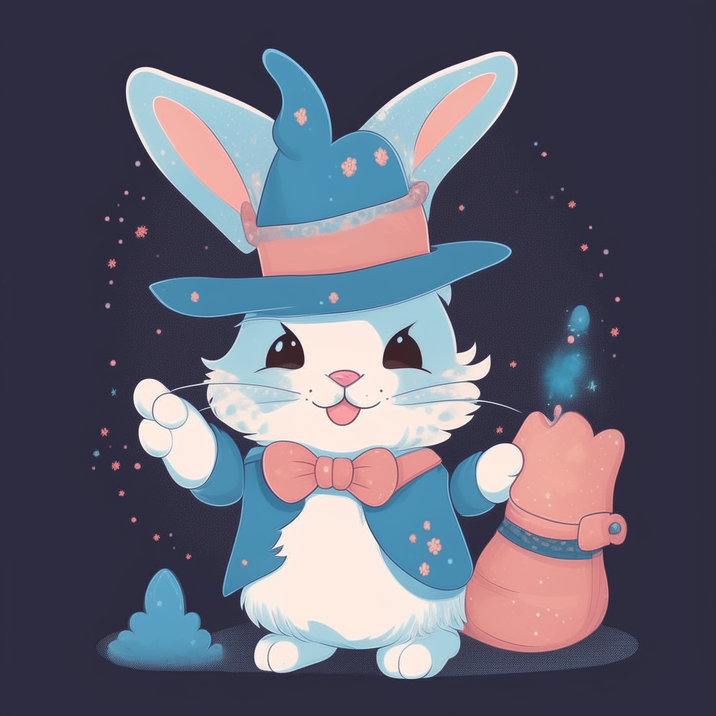 A cartoon kitten wearing sparkly magic gloves, pulling a rabbit from its hat