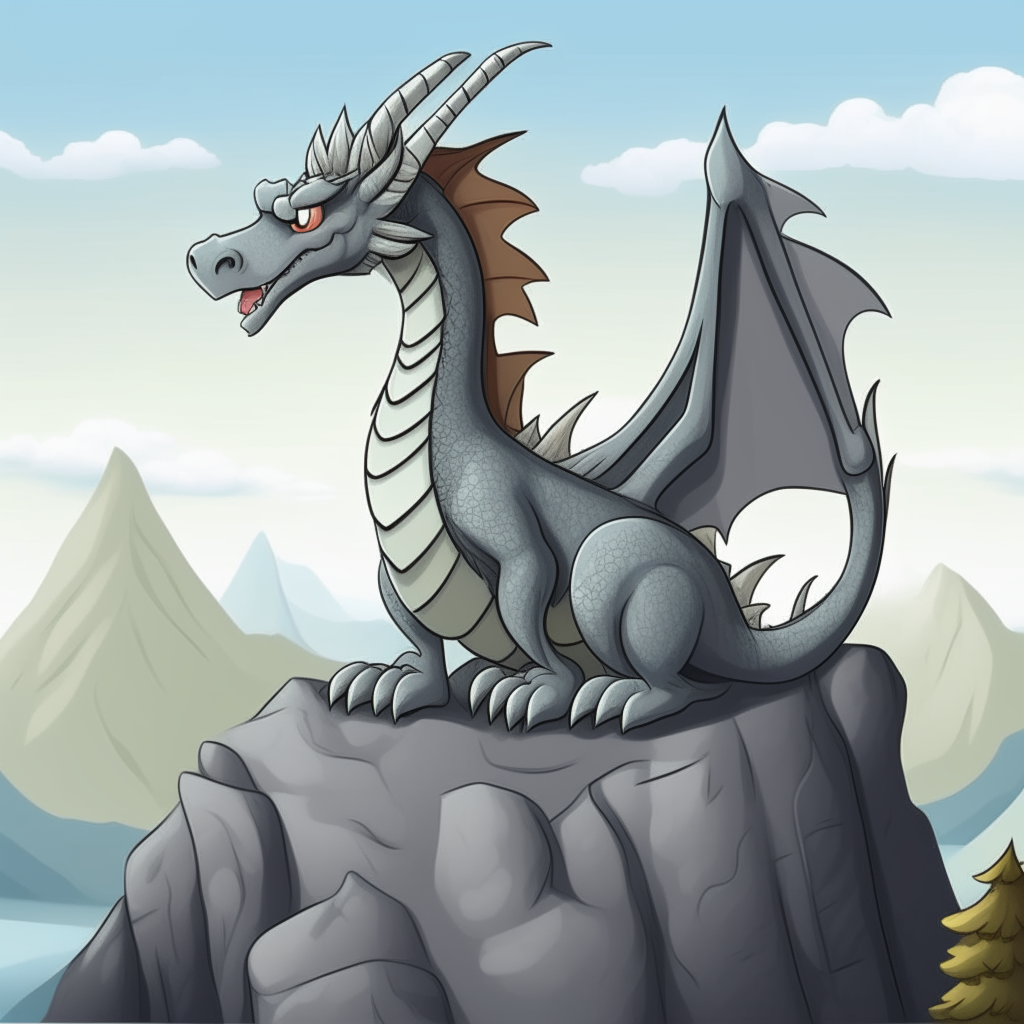 A beautiful cartoon stone dragon sitting proudly on a mountain peak