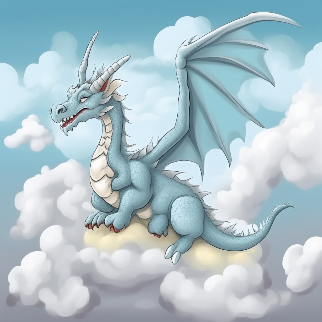 A beautiful cartoon stone dragon soaring through clouds in the sky