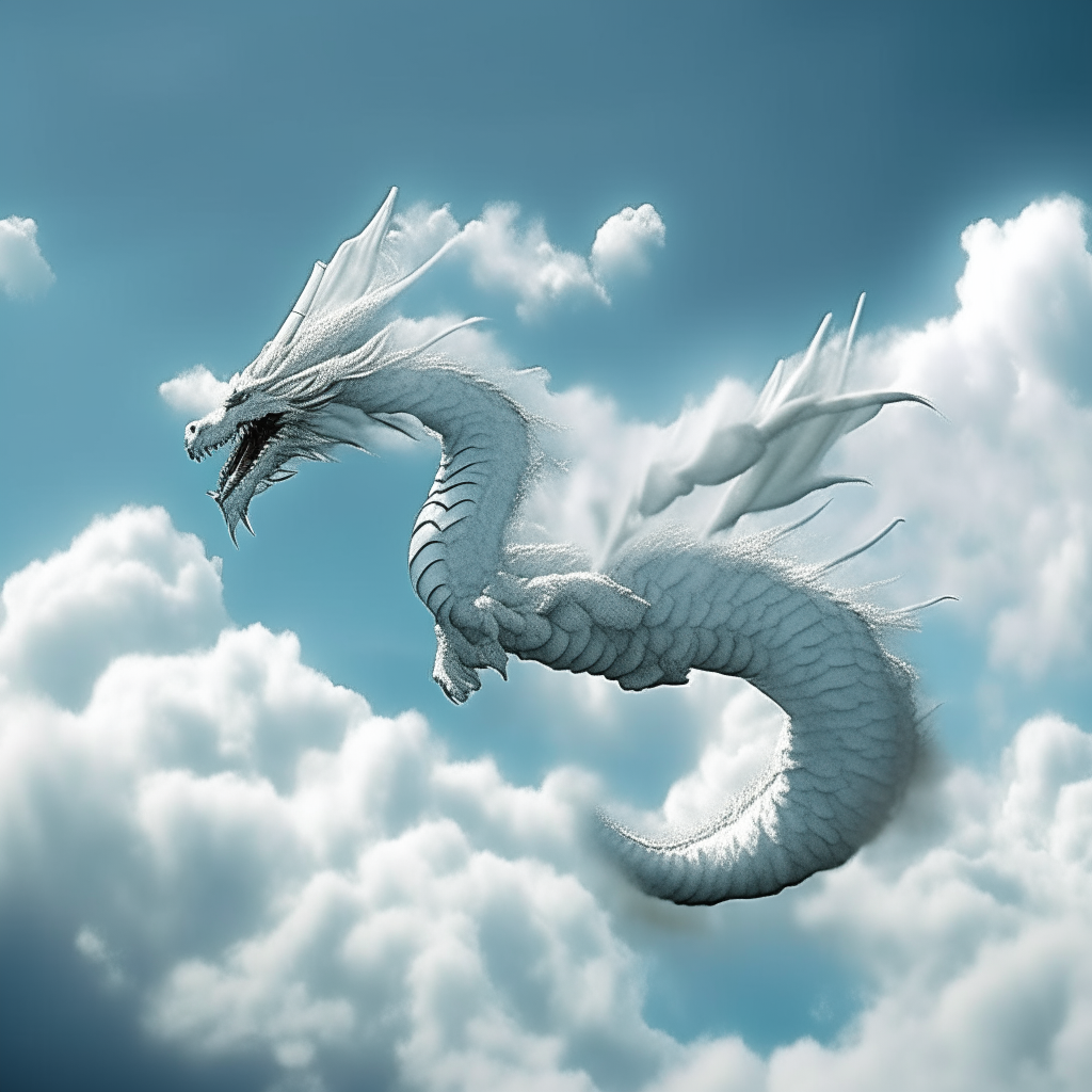 A majestic dragon made of fluffy white clouds, soaring through the sky