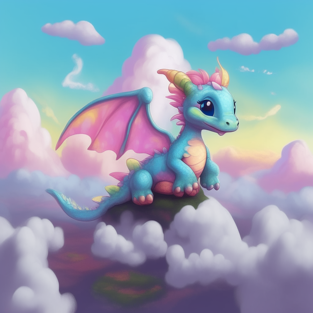 A playful baby dragon made of colorful cotton candy clouds, floating above a landscape