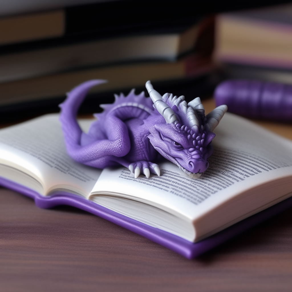 A tiny purple dragon napping on an open book, curled up among the pages