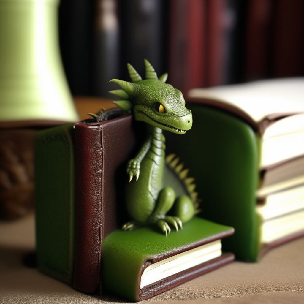 A curious green dragon hatchling exploring the cover of an old leather-bound book