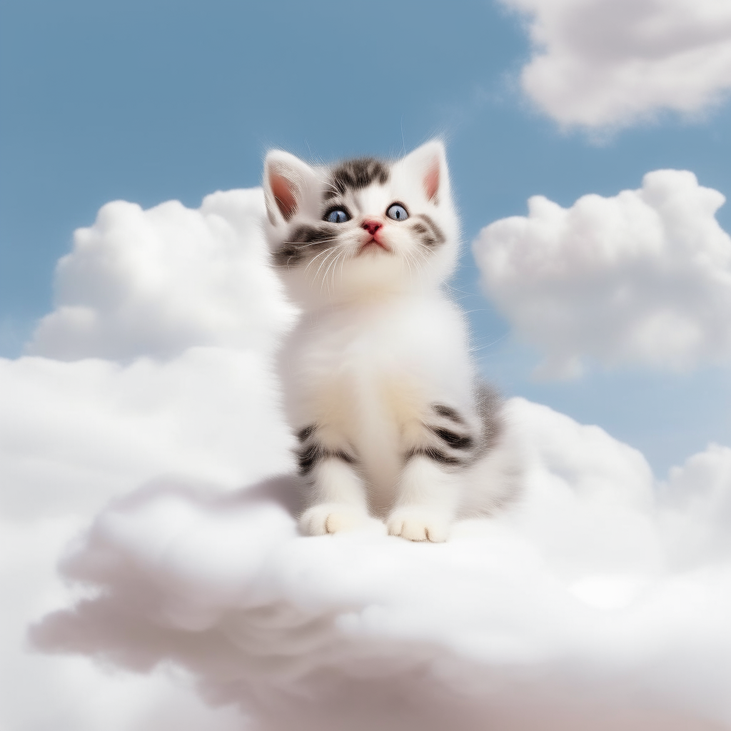 A handsome kitten sitting on a fluffy white cloud, looking playful