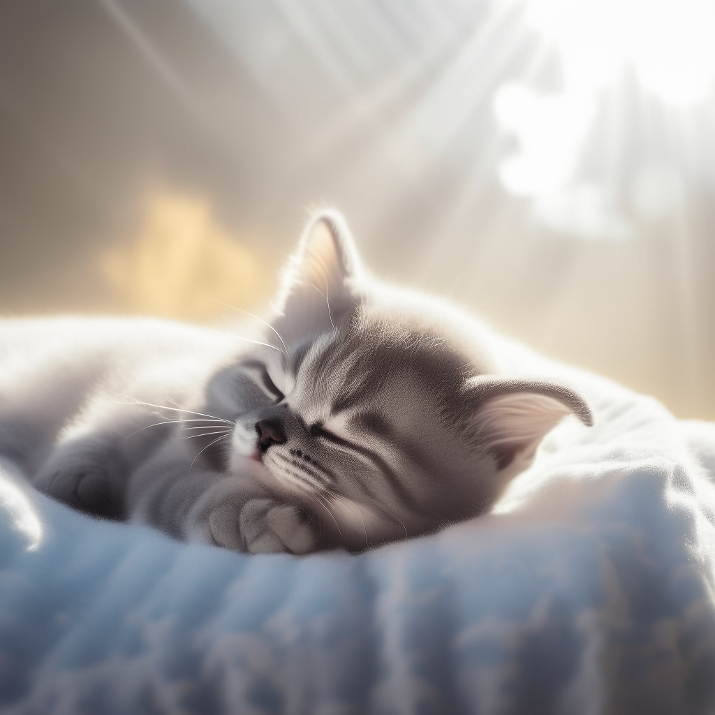 A cute gray kitten napping peacefully on a puffy cloud, sun shining down