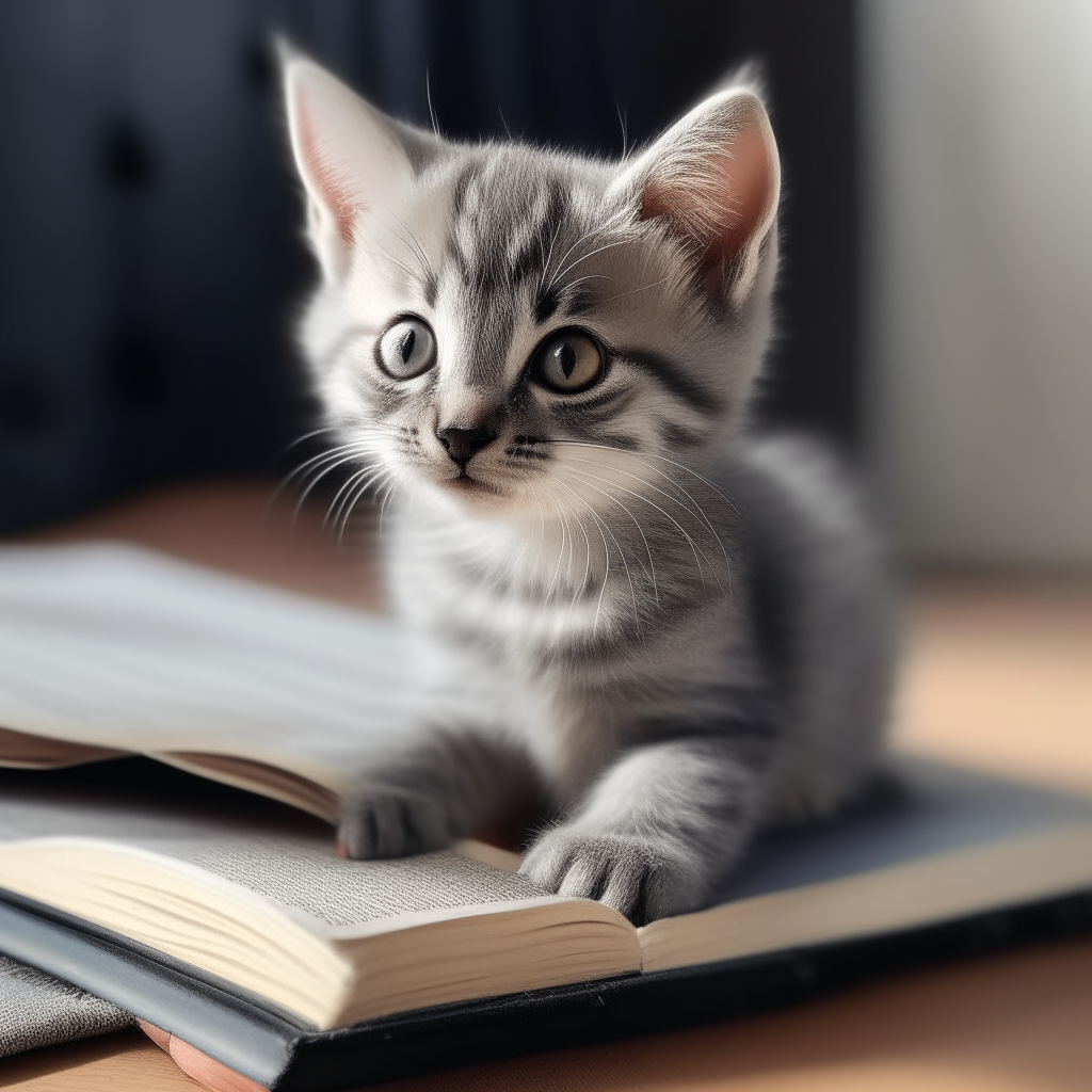 A curious gray kitten sitting on an open book, looking intently at the pages