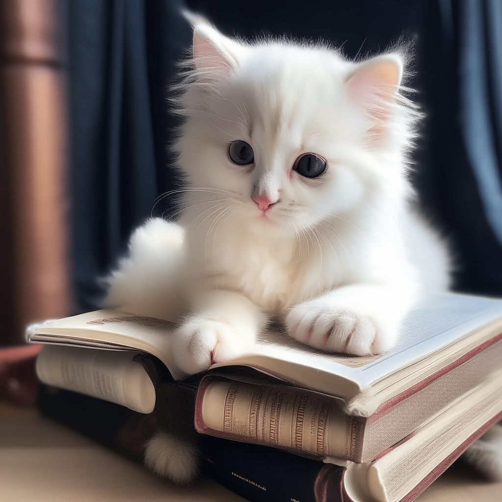 A fluffy white kitten cozied up with a large hardcover book, following along with its paw